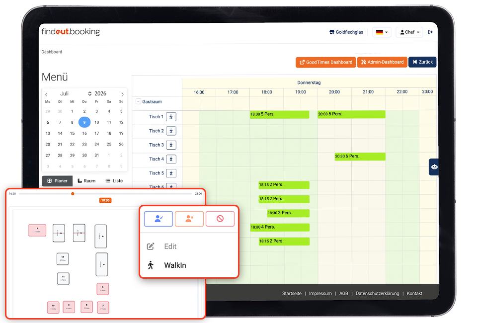 Administrationsansicht von findout.booking